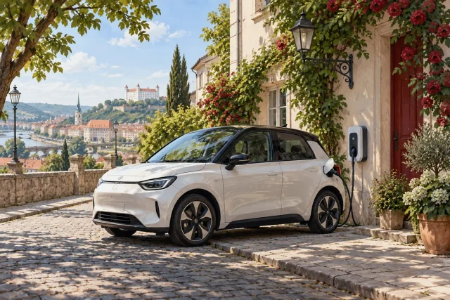 Ilustrácia kompaktného elektromobilu pri domácom nabíjacom bode