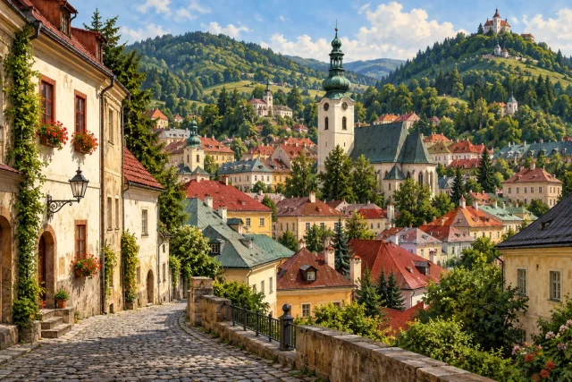 Ilustrované historické slovenské mesto na svahu s farebnými strechami a zelenými kopcami