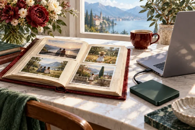Ilustrácia fotoalbumu, externého disku a notebooku